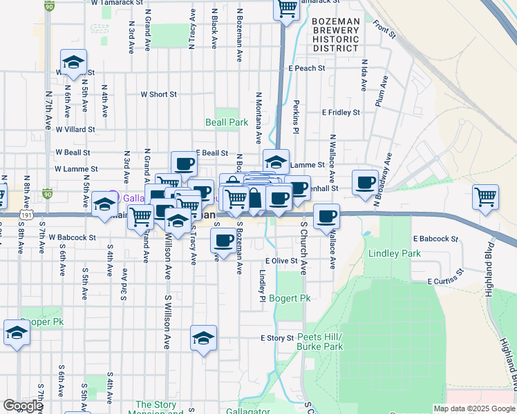 map of restaurants, bars, coffee shops, grocery stores, and more near 241 East Main Street in Bozeman