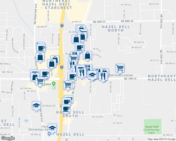 map of restaurants, bars, coffee shops, grocery stores, and more near 7918 Northeast 13th Avenue in Vancouver