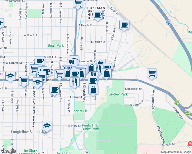 map of restaurants, bars, coffee shops, grocery stores, and more near 6 North Wallace Avenue in Bozeman