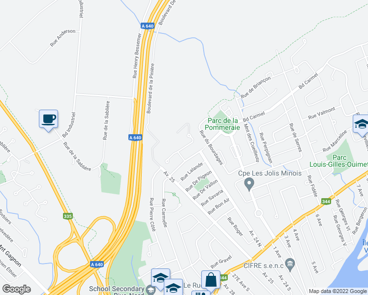 map of restaurants, bars, coffee shops, grocery stores, and more near 307 Place du Coteau in Bois-des-Filion