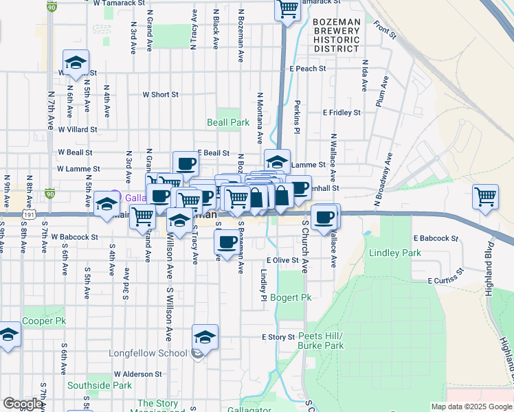 map of restaurants, bars, coffee shops, grocery stores, and more near 241 East Main Street in Bozeman