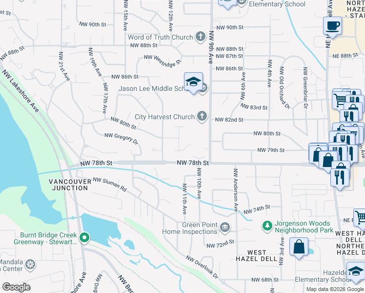 map of restaurants, bars, coffee shops, grocery stores, and more near 7907 Northwest 11th Court in Vancouver
