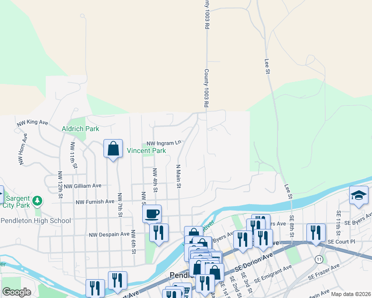 map of restaurants, bars, coffee shops, grocery stores, and more near 714 Northeast 2nd Street in Pendleton