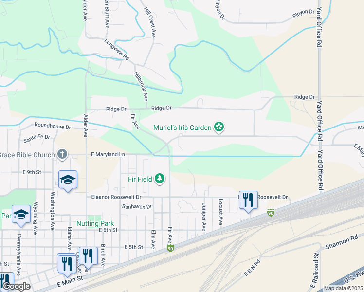 map of restaurants, bars, coffee shops, grocery stores, and more near 1326 East Maryland Lane in Laurel