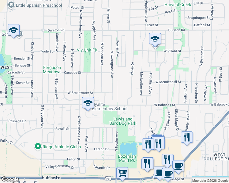 map of restaurants, bars, coffee shops, grocery stores, and more near 3400 West Broadwater Street in Bozeman