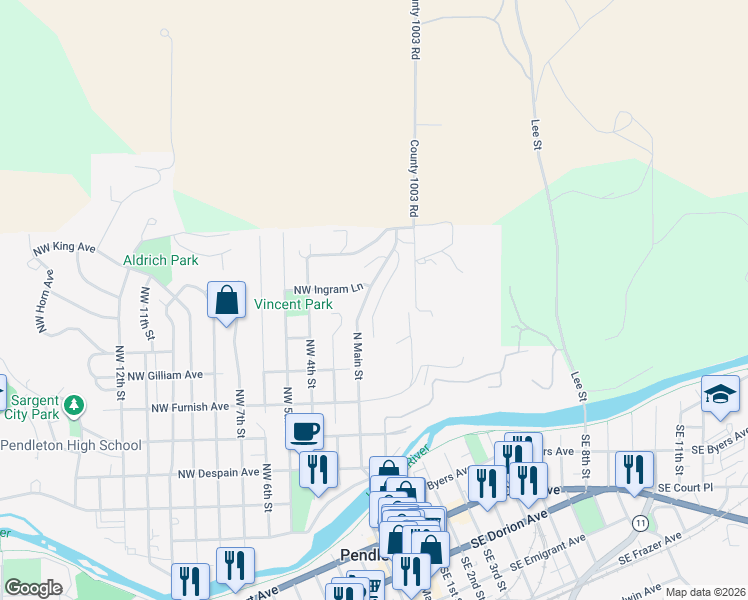 map of restaurants, bars, coffee shops, grocery stores, and more near 714 Northeast 2nd Street in Pendleton