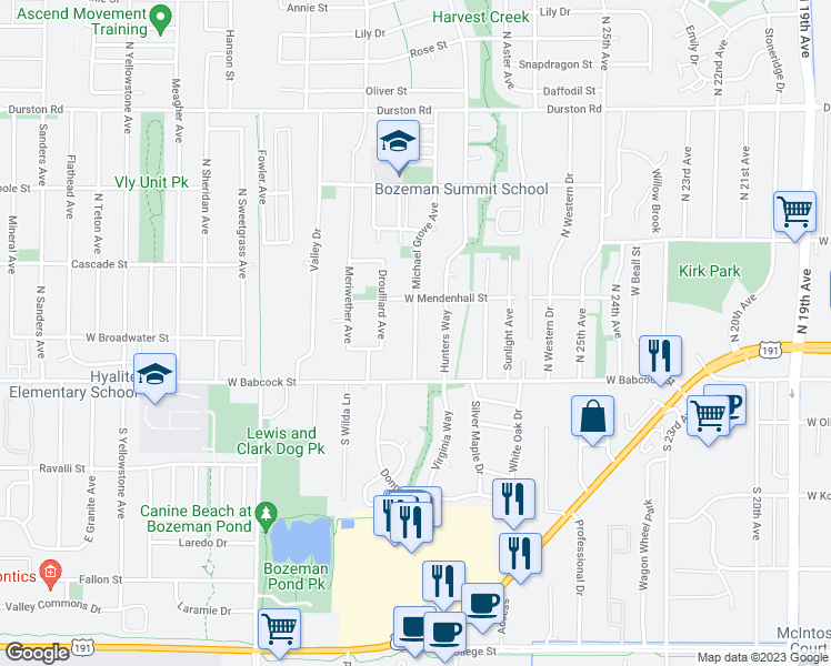 map of restaurants, bars, coffee shops, grocery stores, and more near 24 Michael Grove Avenue in Bozeman