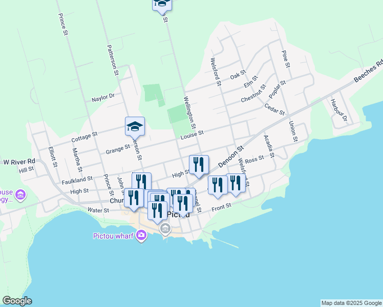 map of restaurants, bars, coffee shops, grocery stores, and more near 88 Faulkland Street in Pictou