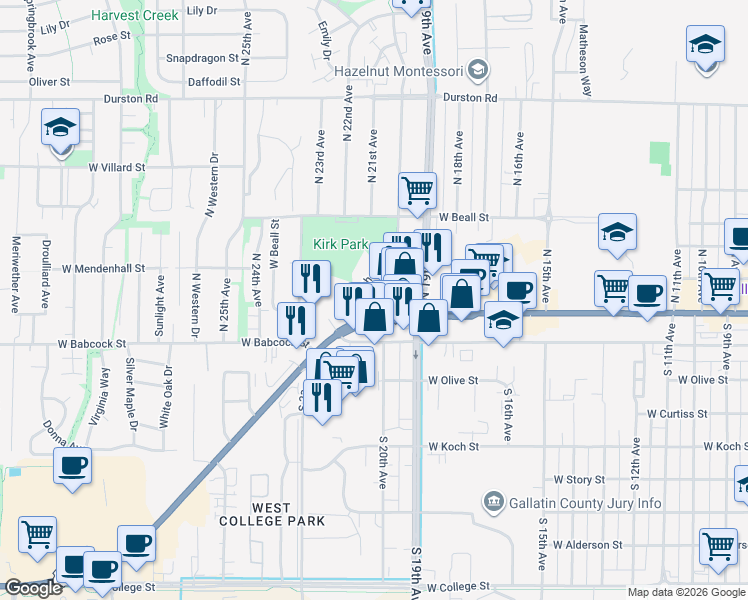 map of restaurants, bars, coffee shops, grocery stores, and more near 1941 West Main Street in Bozeman