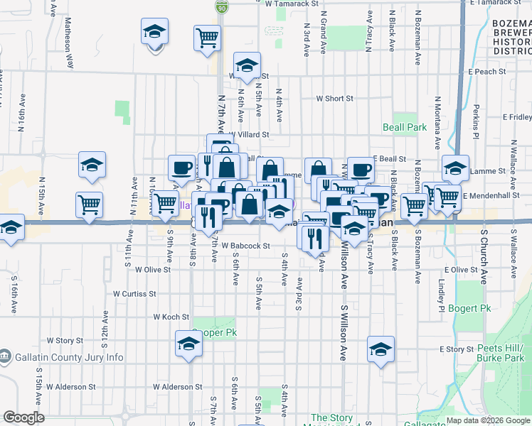map of restaurants, bars, coffee shops, grocery stores, and more near 421 West Main Street in Bozeman