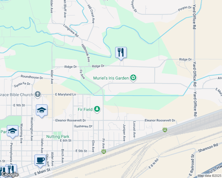 map of restaurants, bars, coffee shops, grocery stores, and more near 1326 East Maryland Lane in Laurel