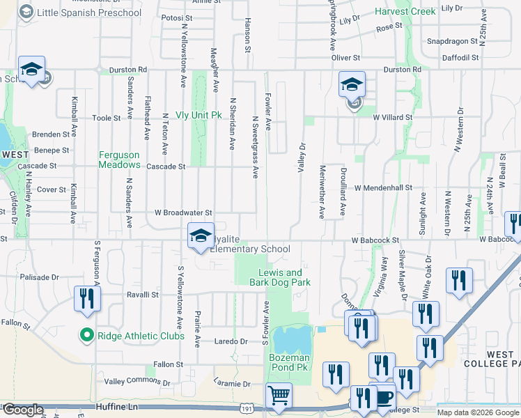map of restaurants, bars, coffee shops, grocery stores, and more near 3400 West Broadwater Street in Bozeman