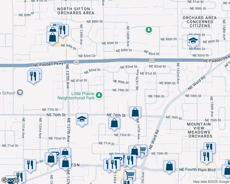 map of restaurants, bars, coffee shops, grocery stores, and more near 14307 Northeast 79th Street in Vancouver