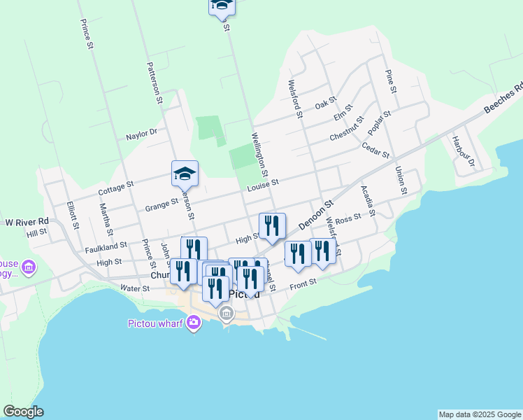 map of restaurants, bars, coffee shops, grocery stores, and more near 88 Faulkland Street in Pictou