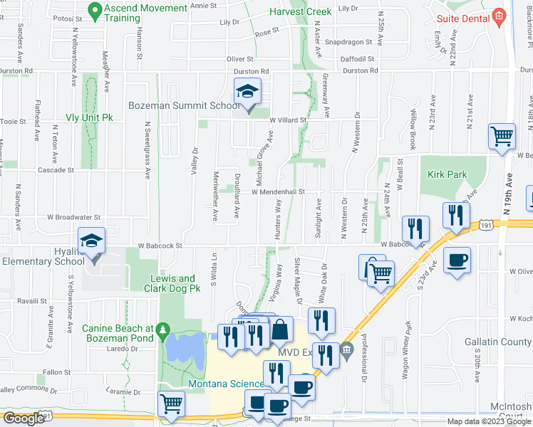 map of restaurants, bars, coffee shops, grocery stores, and more near 32 Michael Grove Avenue in Bozeman