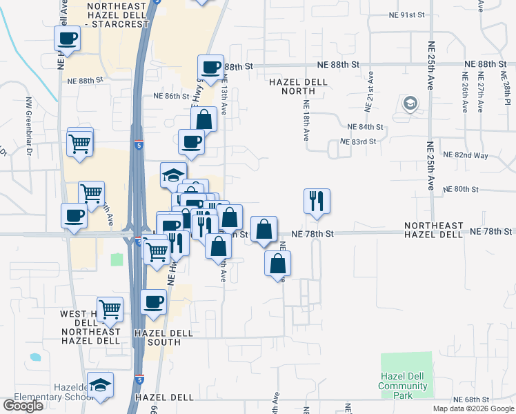 map of restaurants, bars, coffee shops, grocery stores, and more near 1600 Northeast 78th Street in Vancouver