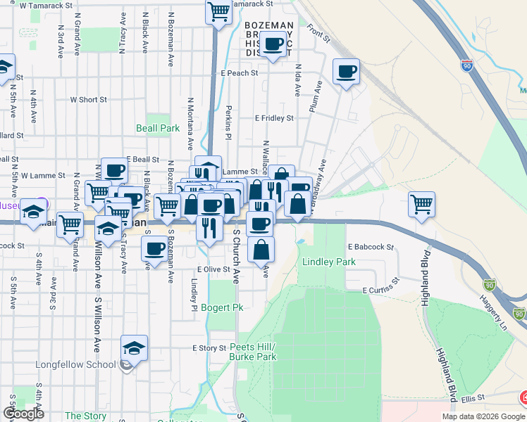 map of restaurants, bars, coffee shops, grocery stores, and more near 6 North Wallace Avenue in Bozeman