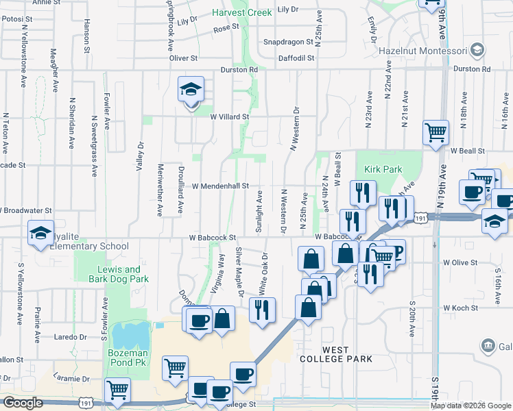 map of restaurants, bars, coffee shops, grocery stores, and more near 30 Sunlight Avenue in Bozeman