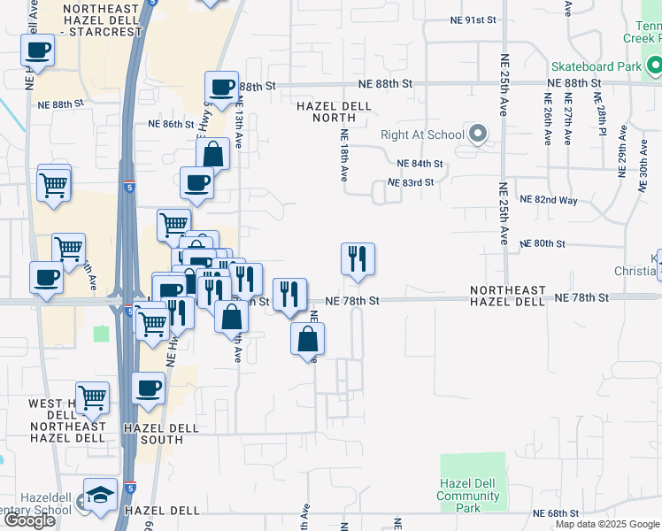 map of restaurants, bars, coffee shops, grocery stores, and more near 7912 Northeast 18th Avenue in Vancouver