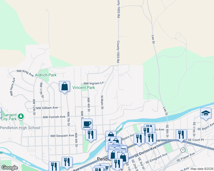 map of restaurants, bars, coffee shops, grocery stores, and more near 714 Northeast 2nd Street in Pendleton