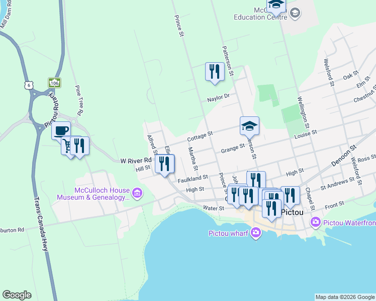 map of restaurants, bars, coffee shops, grocery stores, and more near 53 Martha Street in Pictou