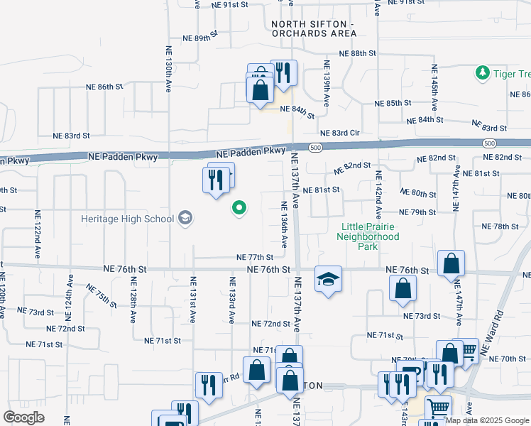 map of restaurants, bars, coffee shops, grocery stores, and more near 13503 Northeast 80th Circle in Vancouver