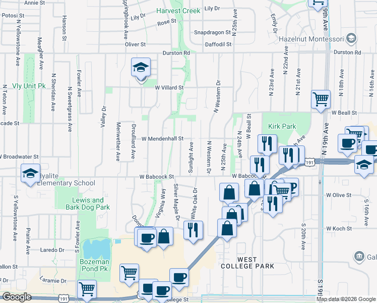 map of restaurants, bars, coffee shops, grocery stores, and more near 30 Sunlight Avenue in Bozeman