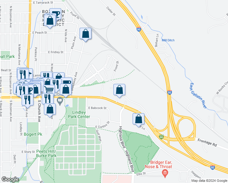 map of restaurants, bars, coffee shops, grocery stores, and more near 1209 East Main Street in Bozeman