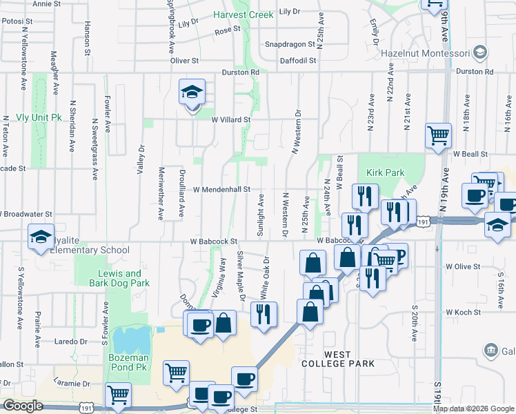 map of restaurants, bars, coffee shops, grocery stores, and more near 30 Sunlight Avenue in Bozeman