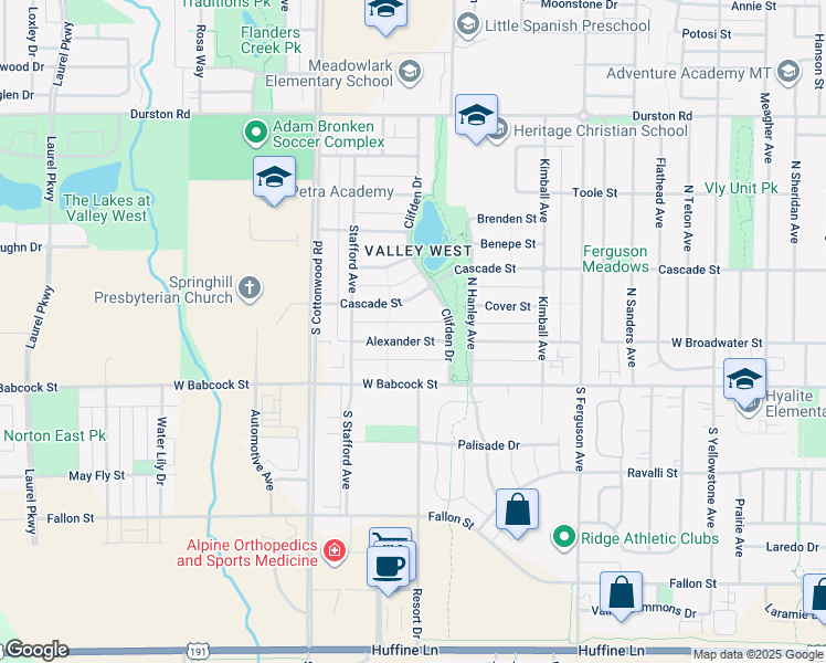map of restaurants, bars, coffee shops, grocery stores, and more near 4512 Alexander Street in Bozeman
