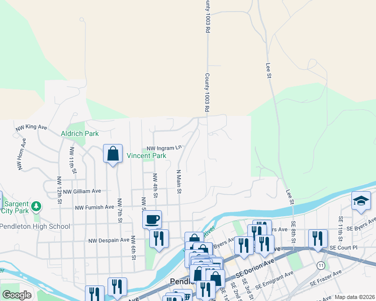 map of restaurants, bars, coffee shops, grocery stores, and more near 714 Northeast 2nd Street in Pendleton