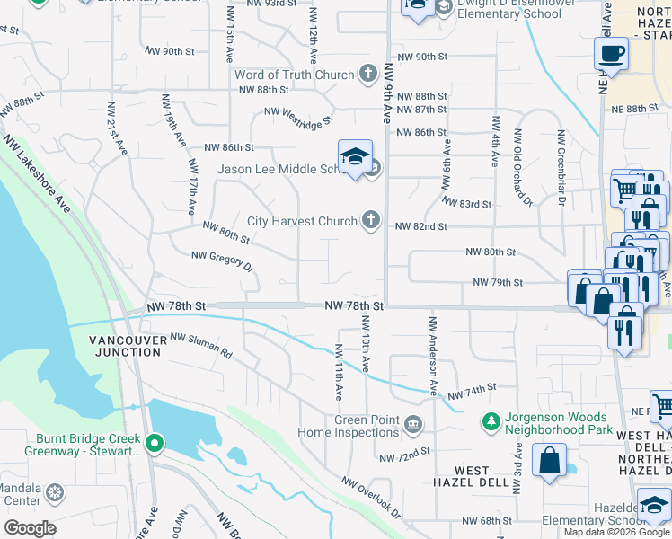 map of restaurants, bars, coffee shops, grocery stores, and more near 7907 Northwest 11th Court in Vancouver
