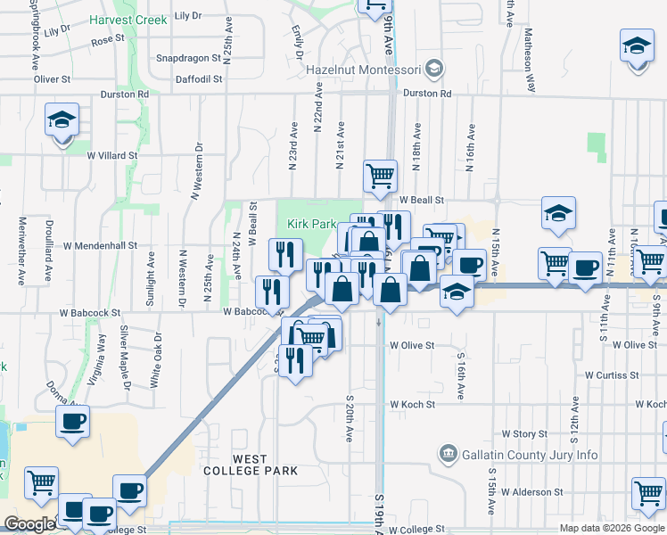 map of restaurants, bars, coffee shops, grocery stores, and more near 1941 W Main St in Bozeman