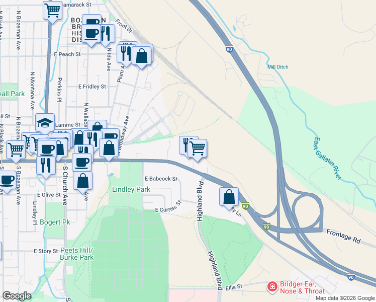map of restaurants, bars, coffee shops, grocery stores, and more near 1209 East Main Street in Bozeman