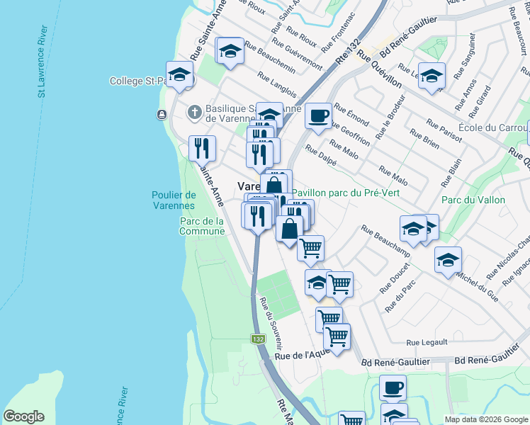 map of restaurants, bars, coffee shops, grocery stores, and more near 2085 Québec 132 in Varennes