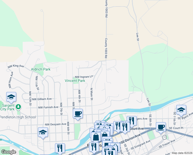map of restaurants, bars, coffee shops, grocery stores, and more near 714 Northeast 2nd Street in Pendleton