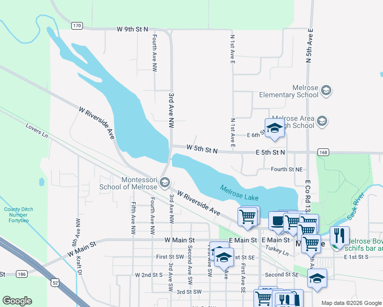 map of restaurants, bars, coffee shops, grocery stores, and more near 124 5th Street Northwest in Melrose