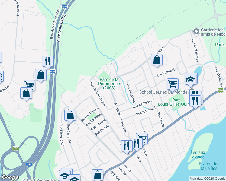 map of restaurants, bars, coffee shops, grocery stores, and more near 607 Avenue de la Pommeraie in Terrebonne