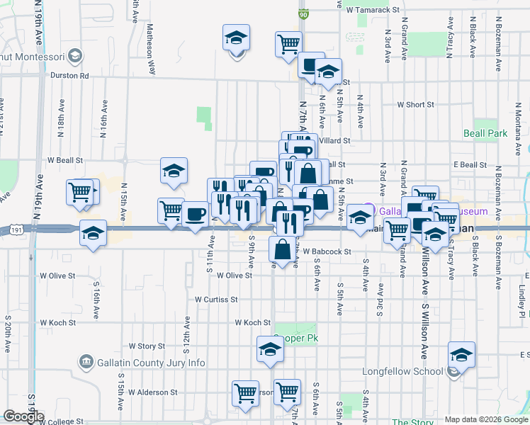 map of restaurants, bars, coffee shops, grocery stores, and more near 16 North 9th Avenue in Bozeman