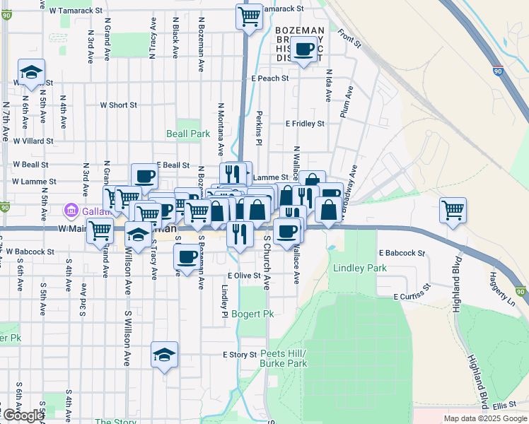 map of restaurants, bars, coffee shops, grocery stores, and more near 443 East Main Street in Bozeman