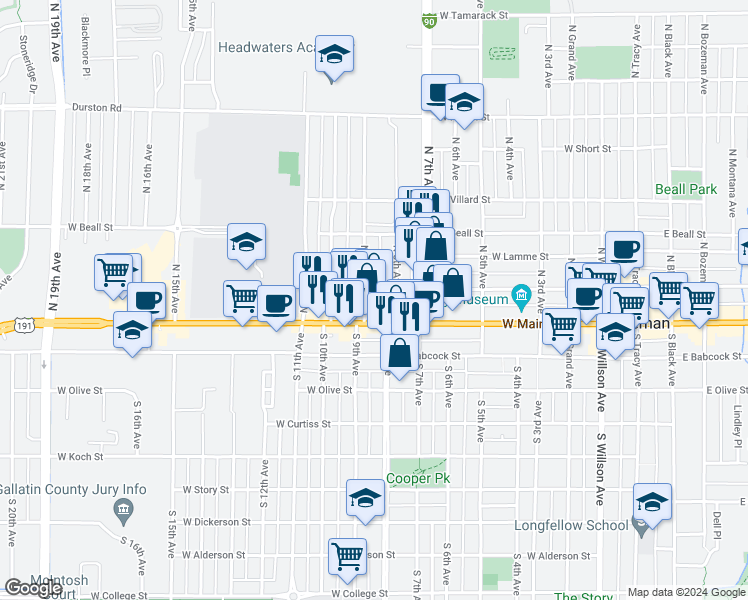 map of restaurants, bars, coffee shops, grocery stores, and more near 801 West Main Street in Bozeman