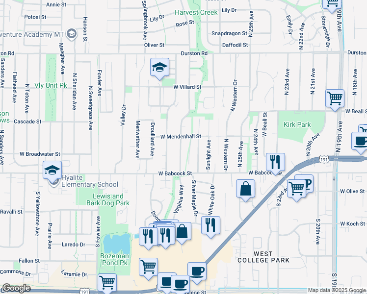 map of restaurants, bars, coffee shops, grocery stores, and more near 9 Hunters Way in Bozeman