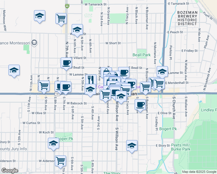 map of restaurants, bars, coffee shops, grocery stores, and more near 211 West Main Street in Bozeman