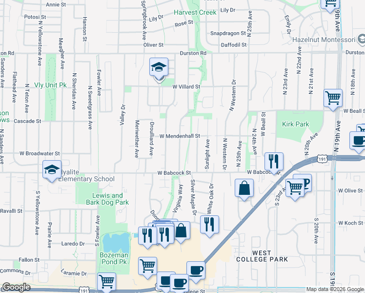 map of restaurants, bars, coffee shops, grocery stores, and more near 9 Hunters Way in Bozeman