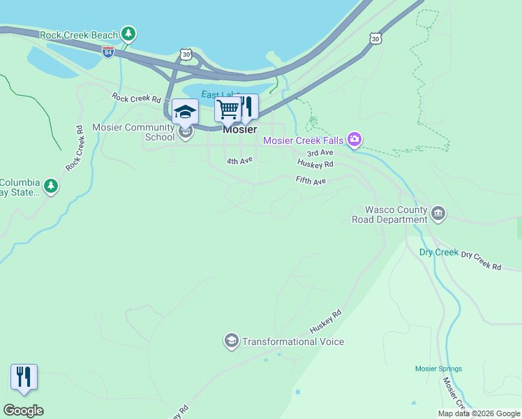 map of restaurants, bars, coffee shops, grocery stores, and more near 403 Oregon Street in Mosier