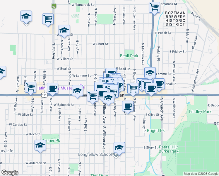 map of restaurants, bars, coffee shops, grocery stores, and more near 24 West Mendenhall Street in Bozeman