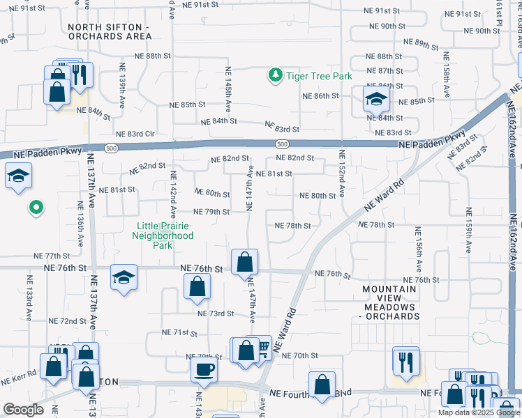 map of restaurants, bars, coffee shops, grocery stores, and more near 7900 Northeast 148th Avenue in Vancouver