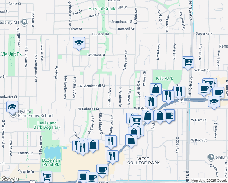 map of restaurants, bars, coffee shops, grocery stores, and more near 30 Sunlight Avenue in Bozeman