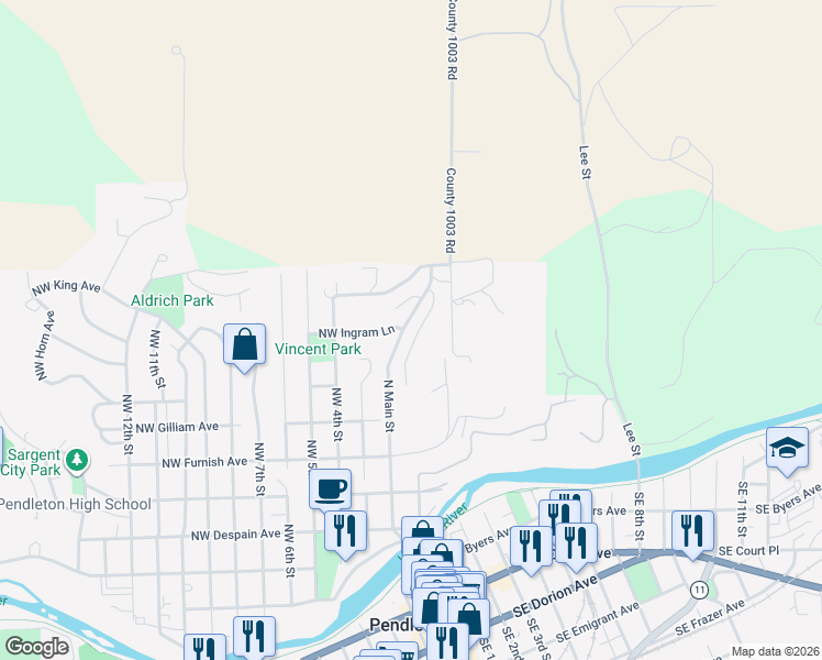 map of restaurants, bars, coffee shops, grocery stores, and more near 714 Northeast 2nd Street in Pendleton