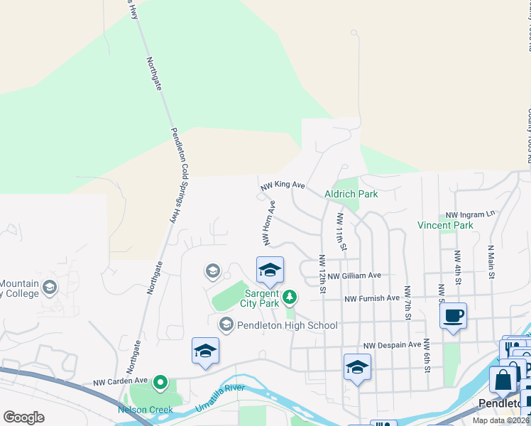 map of restaurants, bars, coffee shops, grocery stores, and more near 1255 Northwest Horn Avenue in Pendleton